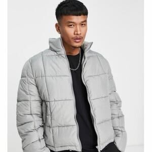 ASOS DESIGN Gray Puffer Jacket Mens Size 2XL Full Zip Quilted Winter Coat